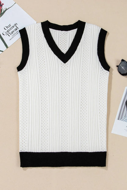 Contrast Trim Eyelet Knit V Neck White Sweater Vest - Tigbul's Variety Fashion Shop