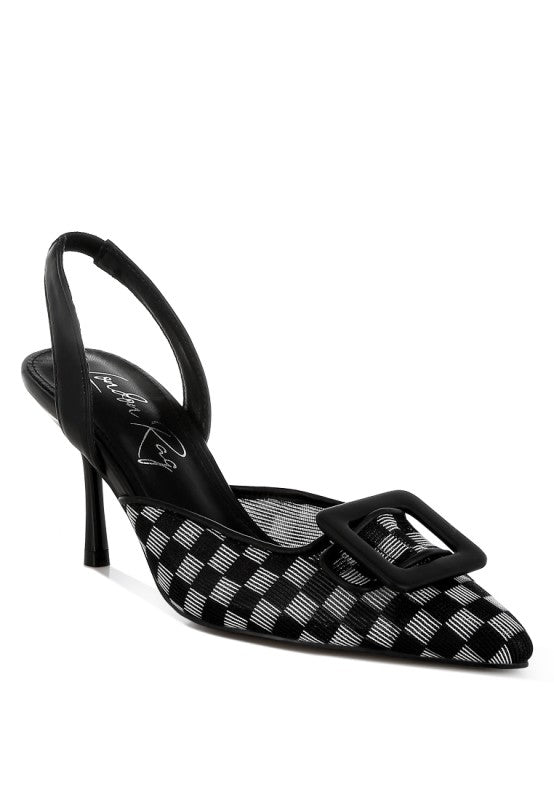 Black mesh checkered pointy stiletto slingback heel with square buckle strap