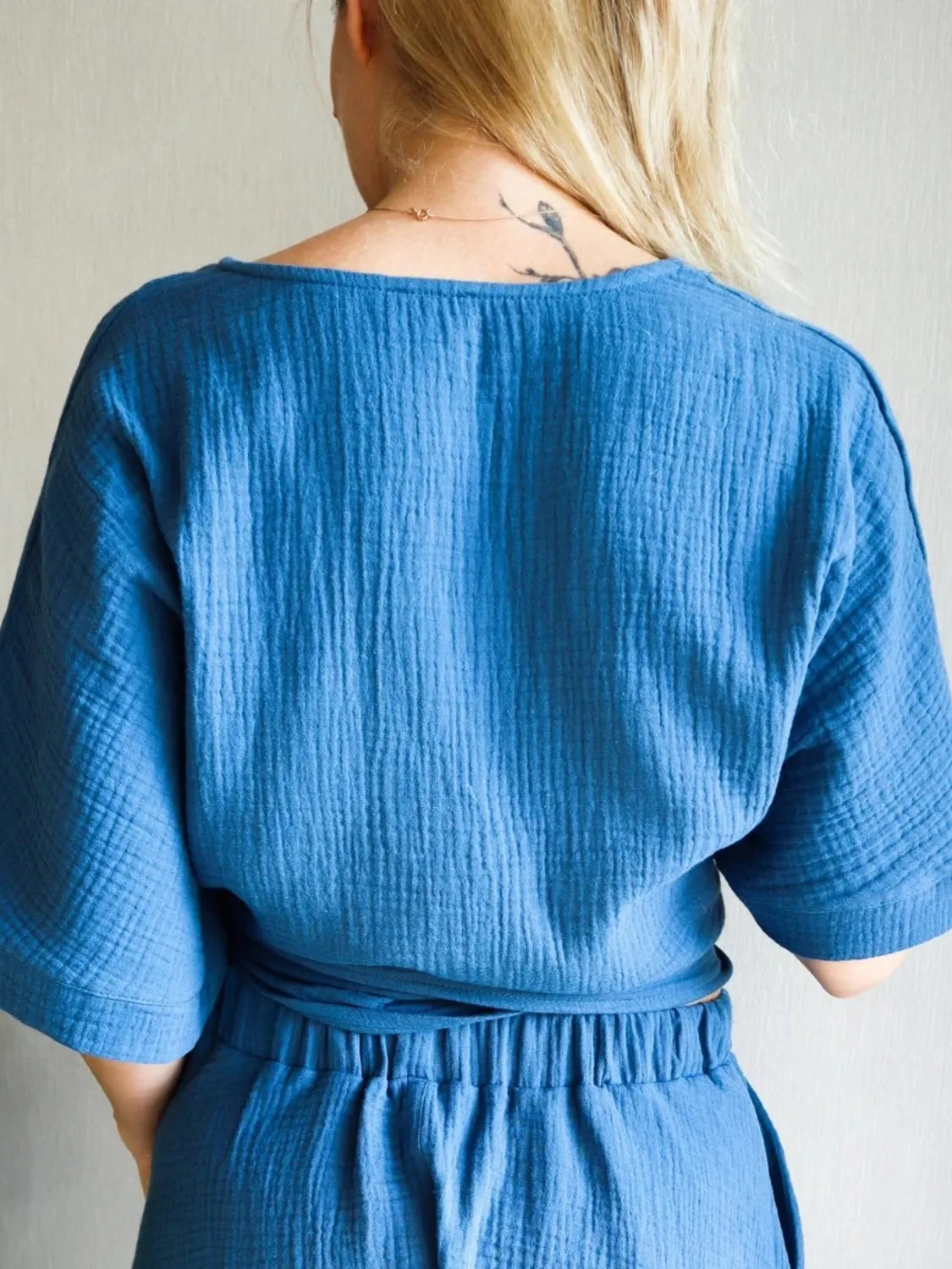 Tied Textured Half Sleeve Blue Blouse - Tigbul's Variety Fashion Shop