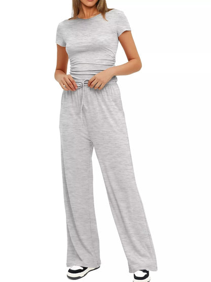 Round Neck Short Sleeve T-Shirt and Pants Set - Tigbul's Variety Fashion Shop