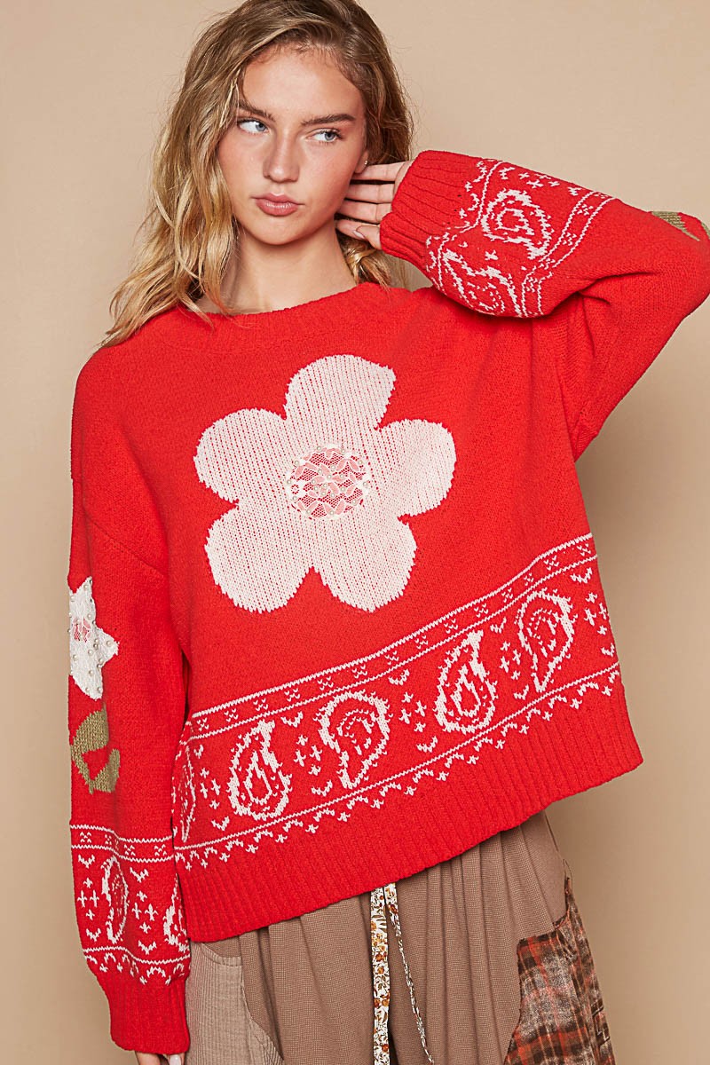 POL Flower Lace Patch Long Sleeve Sweater - Tigbul's Variety Fashion Shop