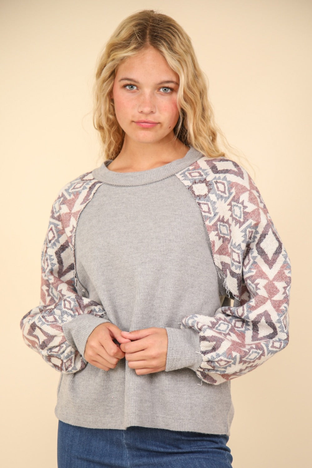 VERY J Printed Long Sleeve Round Neck Knit Top - Tigbul's Variety Fashion Shop