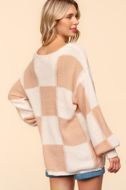 Haptics Full Size Checkered Round Neck Drop Shoulder Sweater - Tigbul's Variety Fashion Shop