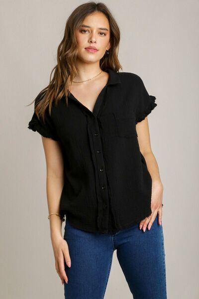 Black Frayed Hem Collared Neck Short Sleeve Shirt - Tigbul's Variety Fashion Shop