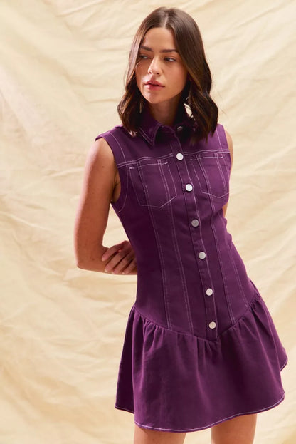 SO ME Button Down Sleeveless Collared Game Day Mini Dress - Tigbul's Variety Fashion Shop