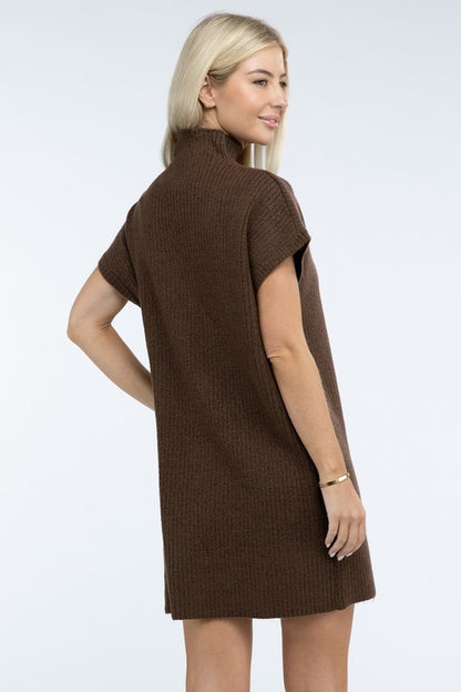 Mock Neck Short Sleeve Sweater Dress with Pocket - Tigbul's Variety Fashion Shop