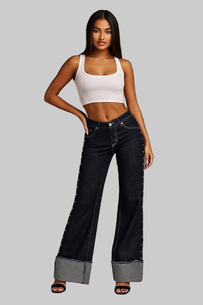 Studded Low Rise Dark Blue Jean Pants, Women's - Tigbul's Variety Fashion Shop