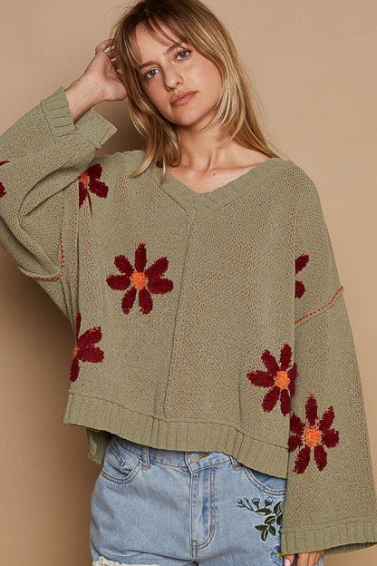 Olive V-Neck Floral Pattern Chenille Sweater - Tigbul's Variety Fashion Shop