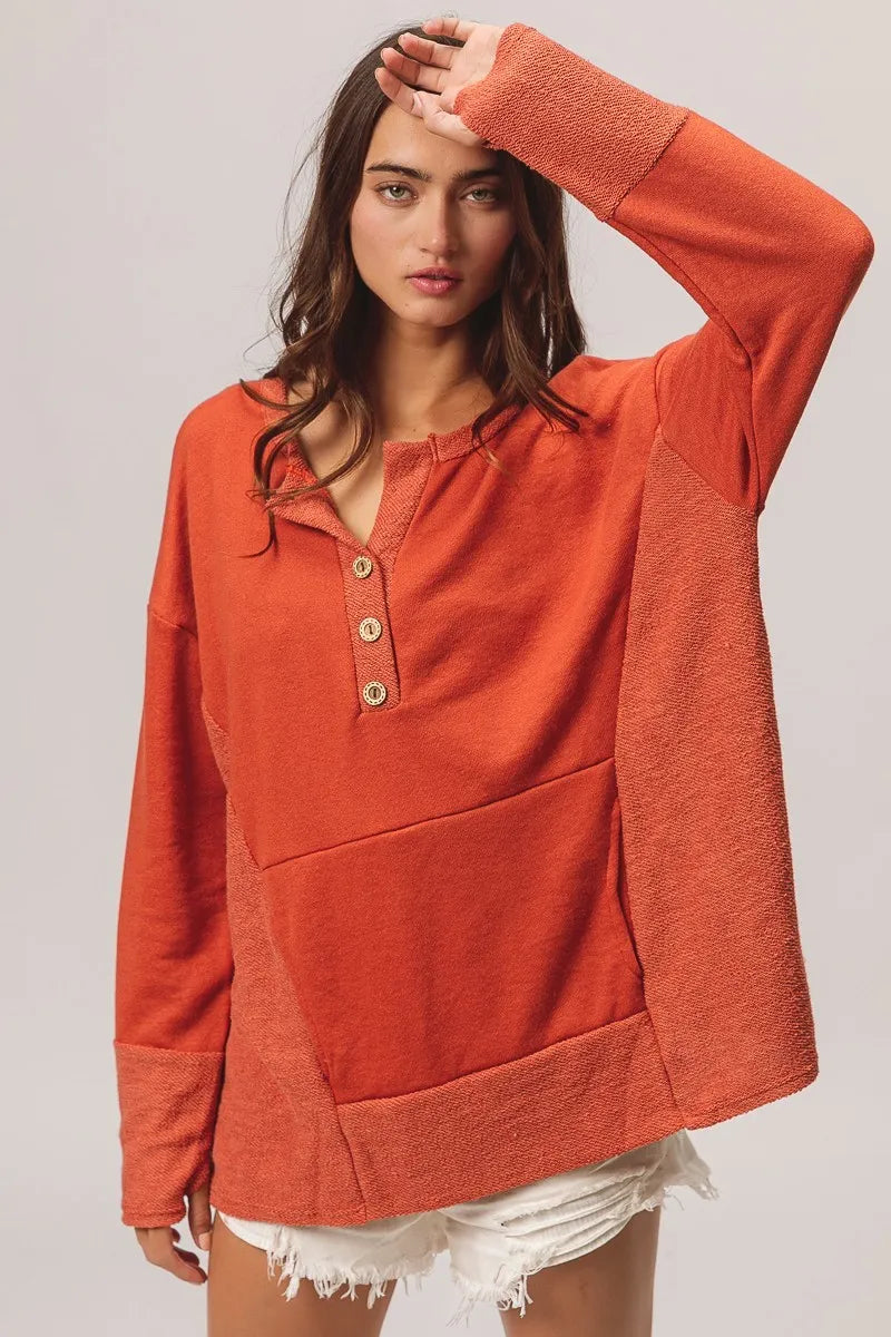 BiBi French Terry Knit Side Block Buttoned Henley Top - Tigbul's Variety Fashion Shop