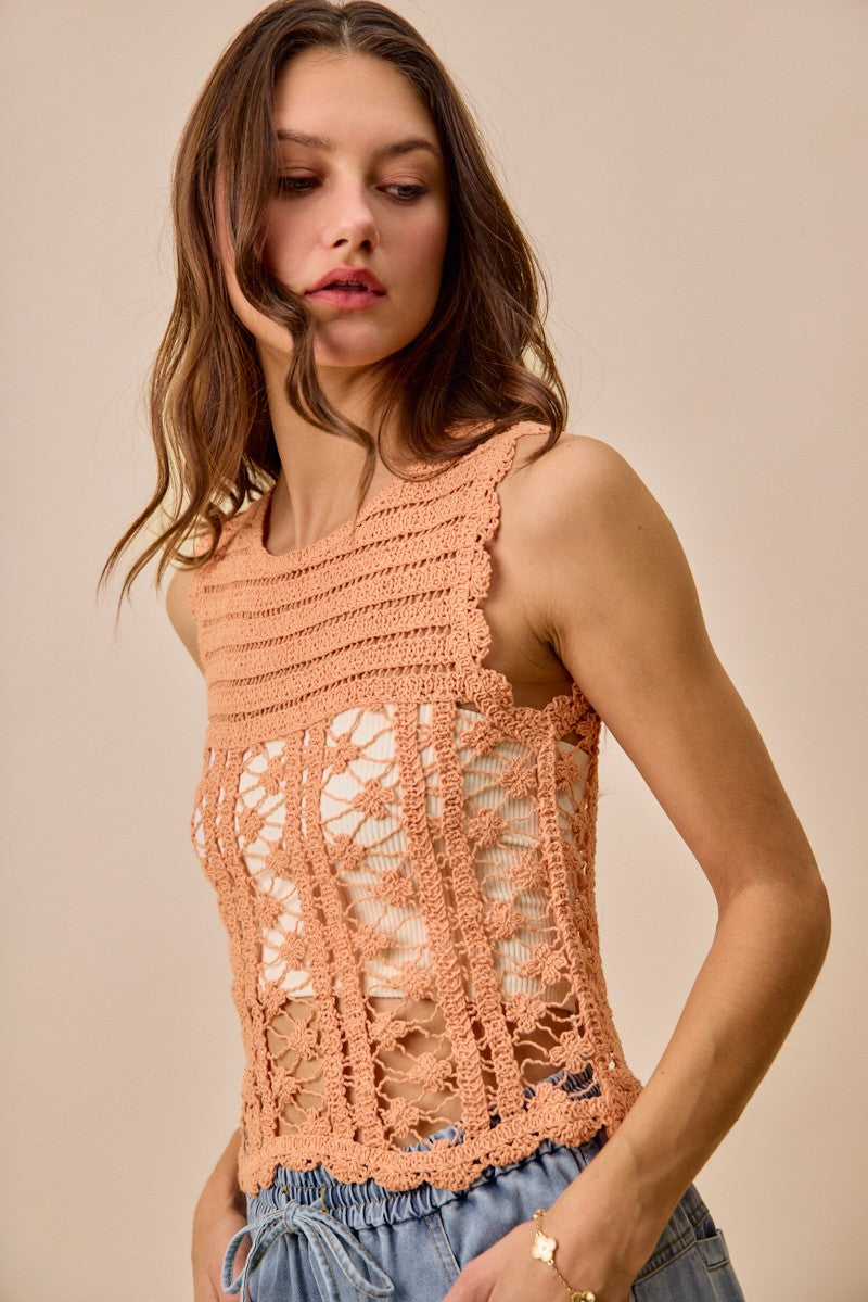 Peach Color Crochet Knit Lace Sweater Tank Top - Tigbul's Variety Fashion Shop