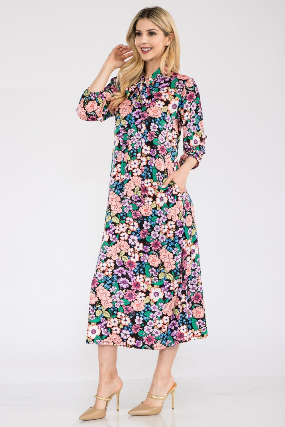 Size Small to 3XL Floral Midi Dress with Bow Tie - Tigbul's Variety Fashion Shop