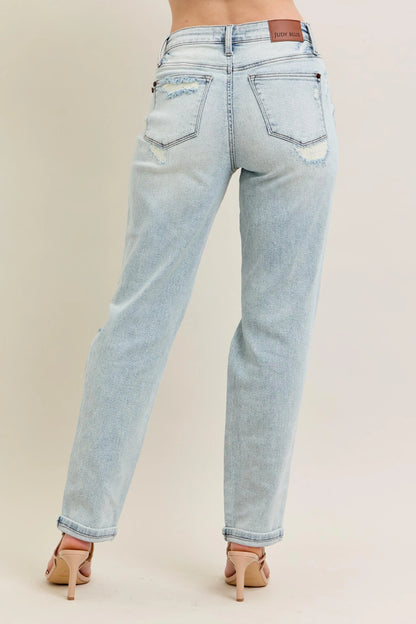 Judy Blue Full Size Mr Repair Stitch Detail Destroy Single Cuff Bf Jeans Plus Size - Tigbul's Variety Fashion Shop