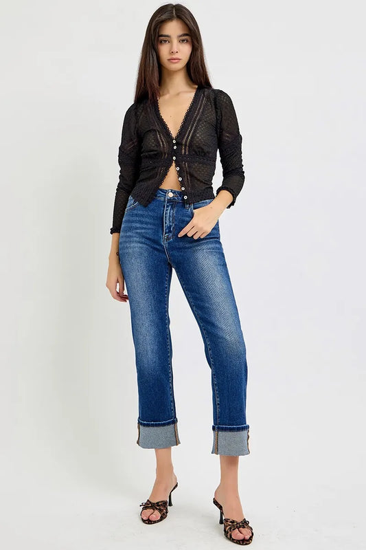 RISEN High Rise Ankle Straight Cuffed Jeans - Tigbul's Variety Fashion Shop