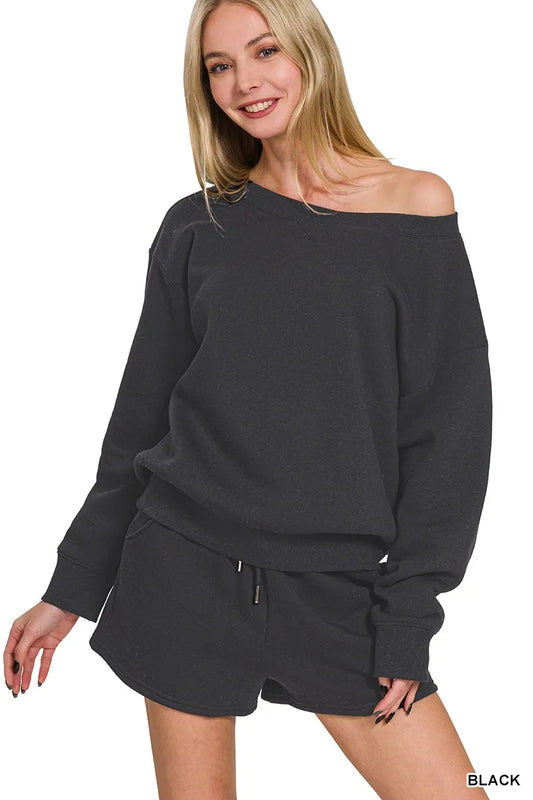 Zenana Fleece Boat Neck Sweatshirts & Shorts 2pcs Set - Tigbul's Variety Fashion Shop