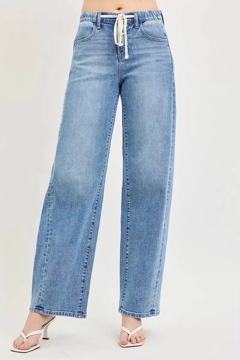 Light wash relaxed-fit jeans with drawstring elastic waist, front view