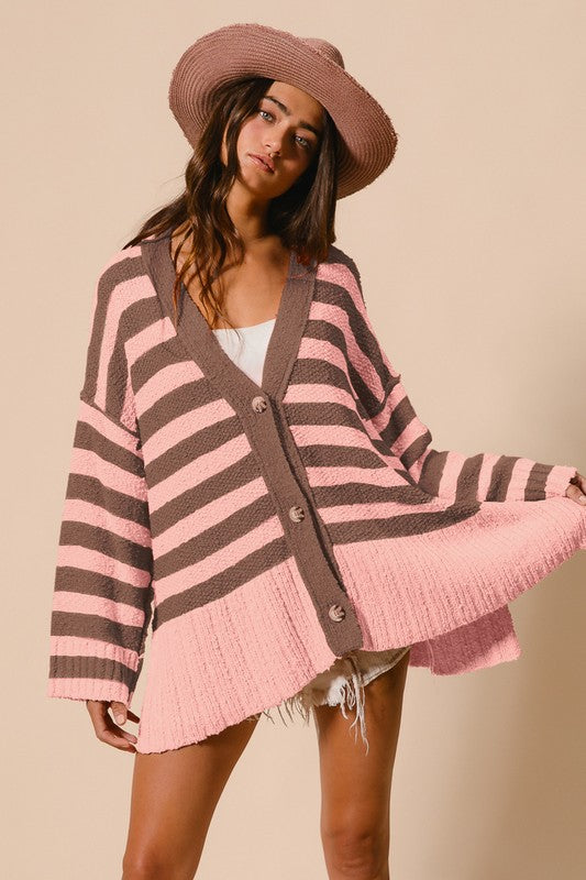 Pink Slit Striped V-Neck Button Up Cardigan