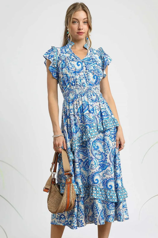 Umgee Paisley Print Ruffle Sleeve Midi Dress - Tigbul's Variety Fashion Shop