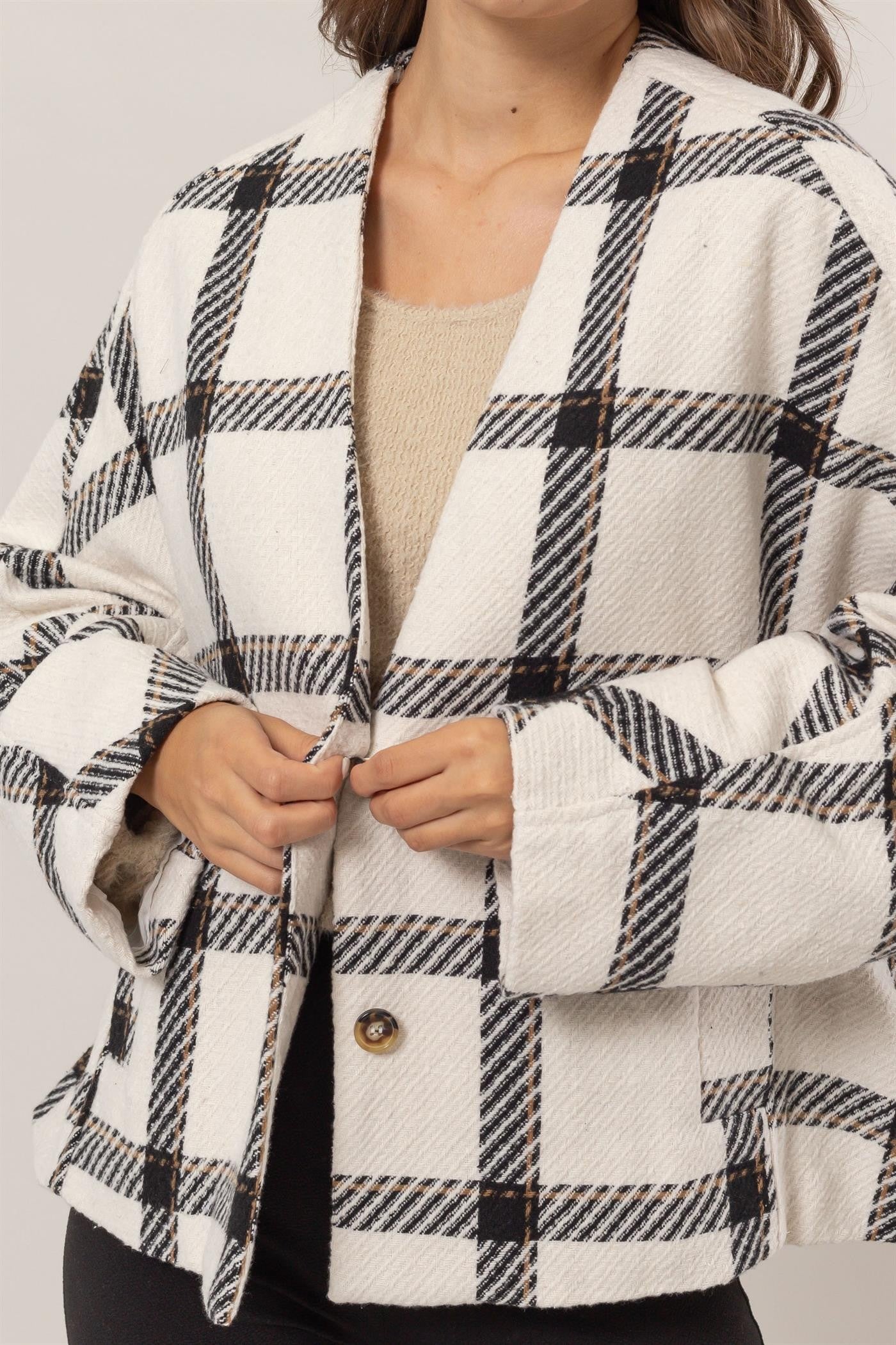 HYFVE Plaid Long Sleeve Jacket with Side Slit Pockets - Tigbul's Variety Fashion Shop