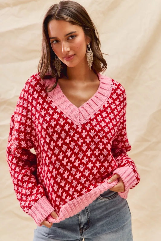 SO ME Color Block Textured Christmas Sweater V Neck Top - Tigbul's Variety Fashion Shop