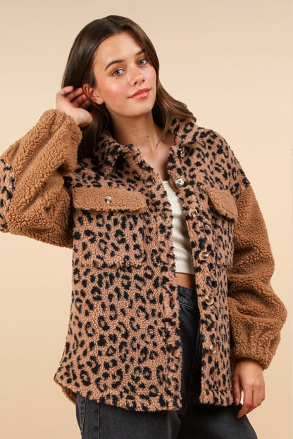 VERY J Fuzzy Leopard Button Down Long Sleeve Jacket - Tigbul's Variety Fashion Shop