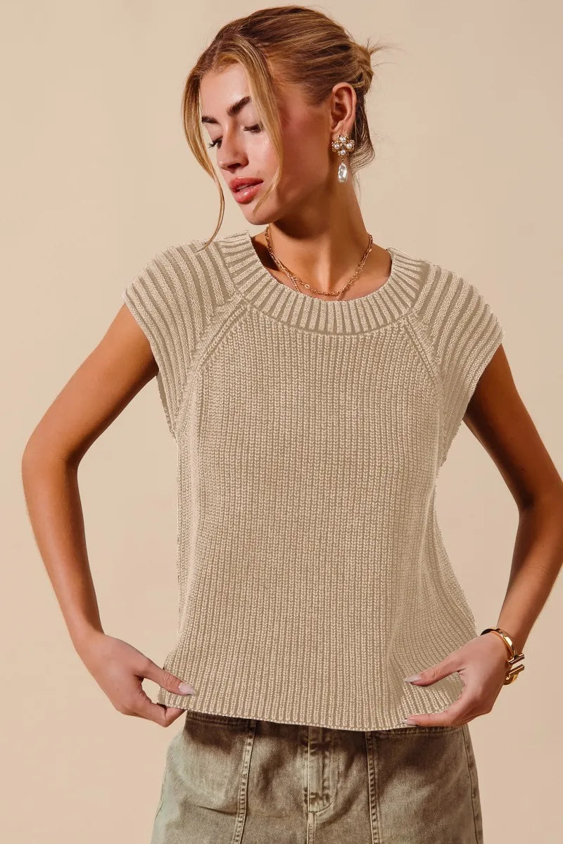 Taupe Mineral Washed Raglan Sleeveless Sweater Top - Tigbul's Variety Fashion Shop