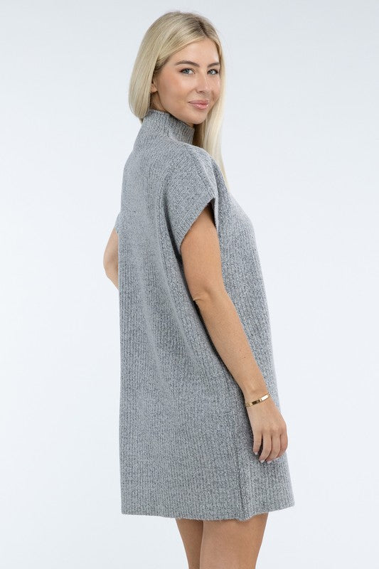 Mock Neck Short Sleeve Sweater Dress with Pocket - Tigbul's Variety Fashion Shop