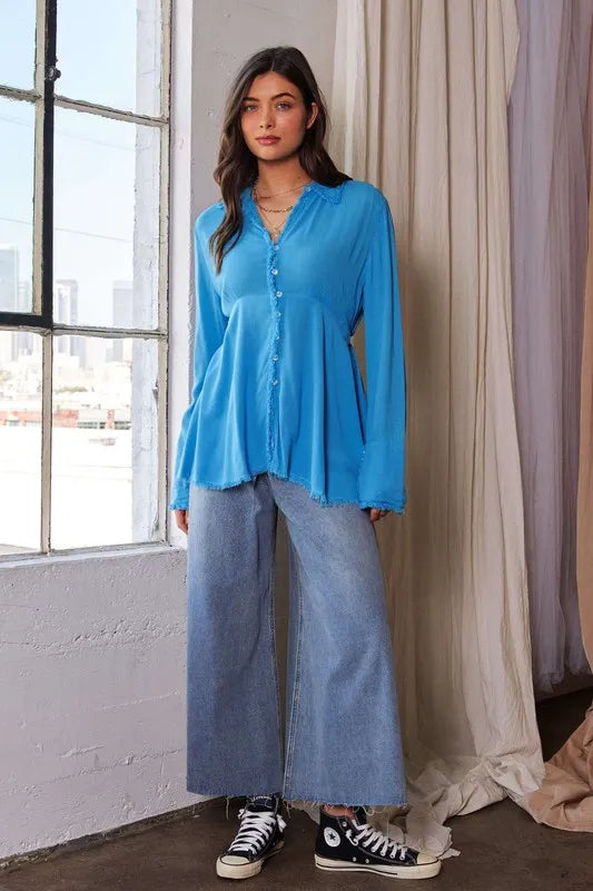 Blue V-Neck Open Back Adjustable Babydoll Shirt - Tigbul's Variety Fashion Shop