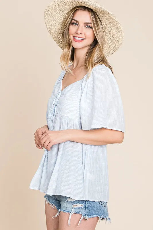 Thin Striped with Tie Front Babydoll Top - Tigbul's Variety Fashion Shop