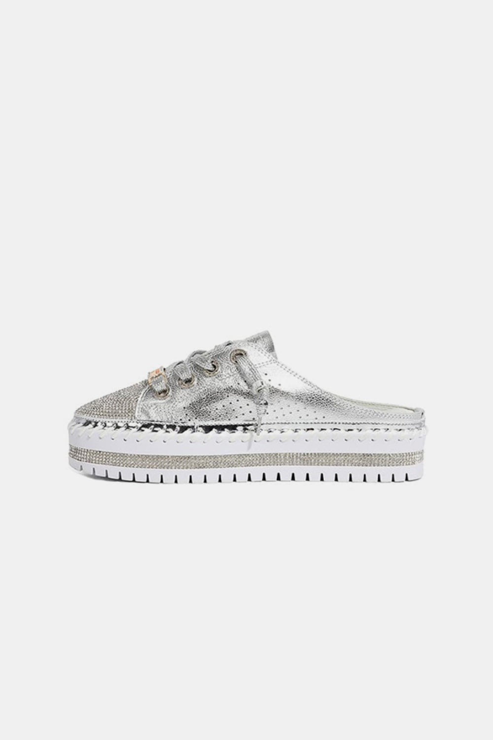 Silver Rhinestone Round Toe Platform Slip On Shoes | Tigbuls