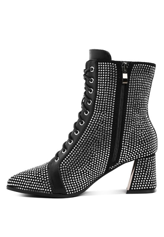 Black ankle boots with rhinestone mesh, lace-up, and side zipper