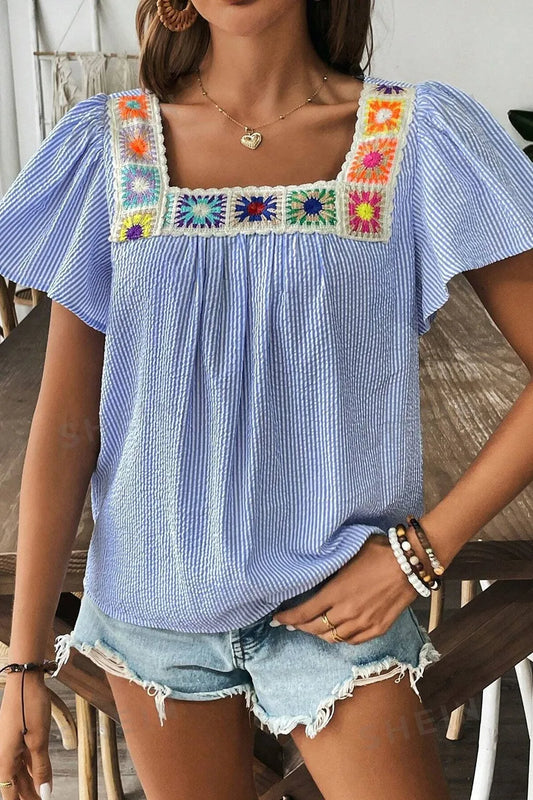 Stripe Textured Ruffle Short Sleeve Boho Detail Square Neck Blouse - Tigbul's Variety Fashion Shop