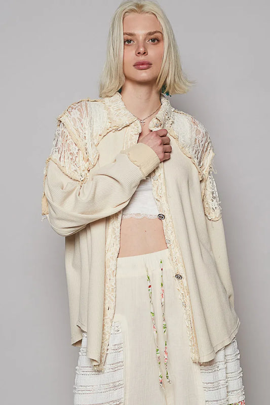 POL Lace Patchwork Button Up Shacket - Tigbul's Variety Fashion Shop