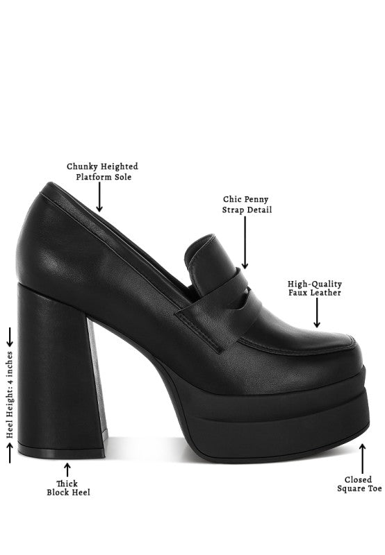 Black Edwina chunky platform loafers with penny strap, square toe, high block heel
