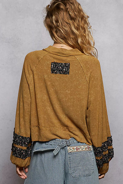 POL Print Patch Round Neck Balloon Sleeve Cropped Top - Tigbul's Variety Fashion Shop