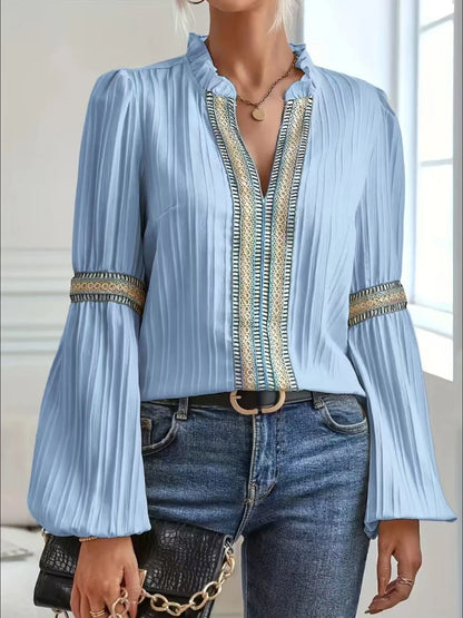 Notched Textured Balloon Sleeve Blouse - Tigbul's Variety Fashion Shop
