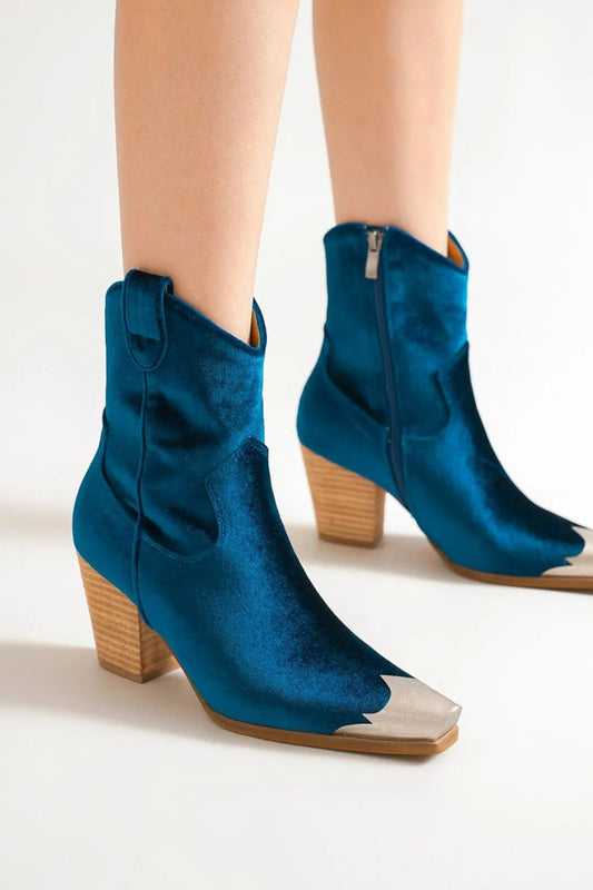 Blue Velvet Block Heel Boots with Side Zippers | Tigbuls