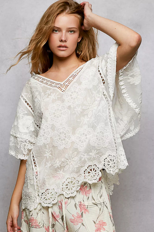Off White Floral Crochet V-Neck Blouse Scalloped Hem - Tigbul's Variety Fashion Shop