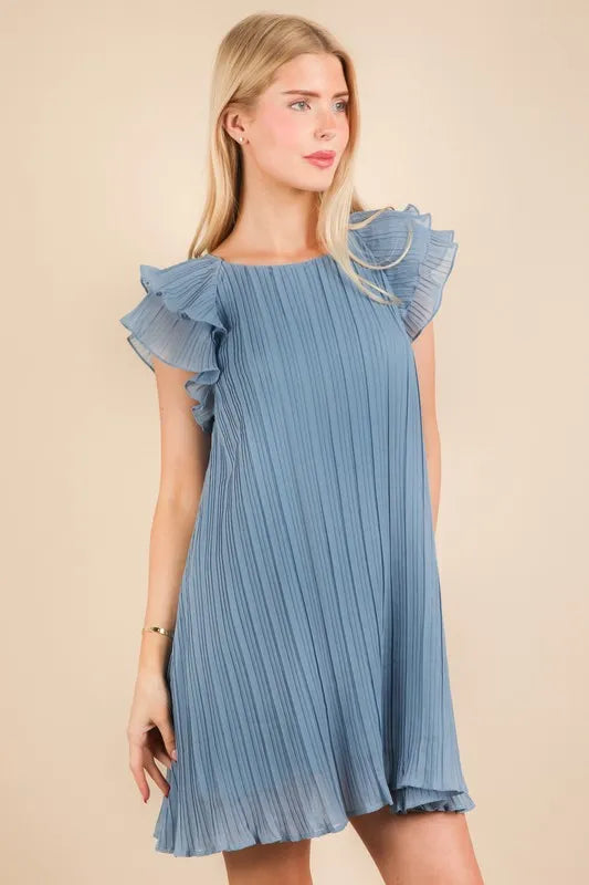 Blue Plus Size Ruffle Sleeve Pleated Woven Mini Dress - Tigbul's Variety Fashion Shop