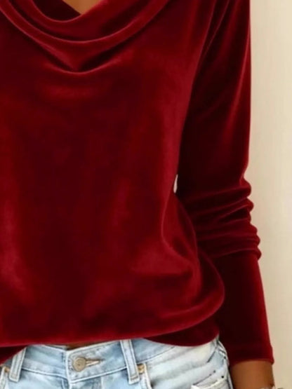 Velvet Cowl Neck Long Sleeve T-Shirt - Tigbul's Variety Fashion Shop