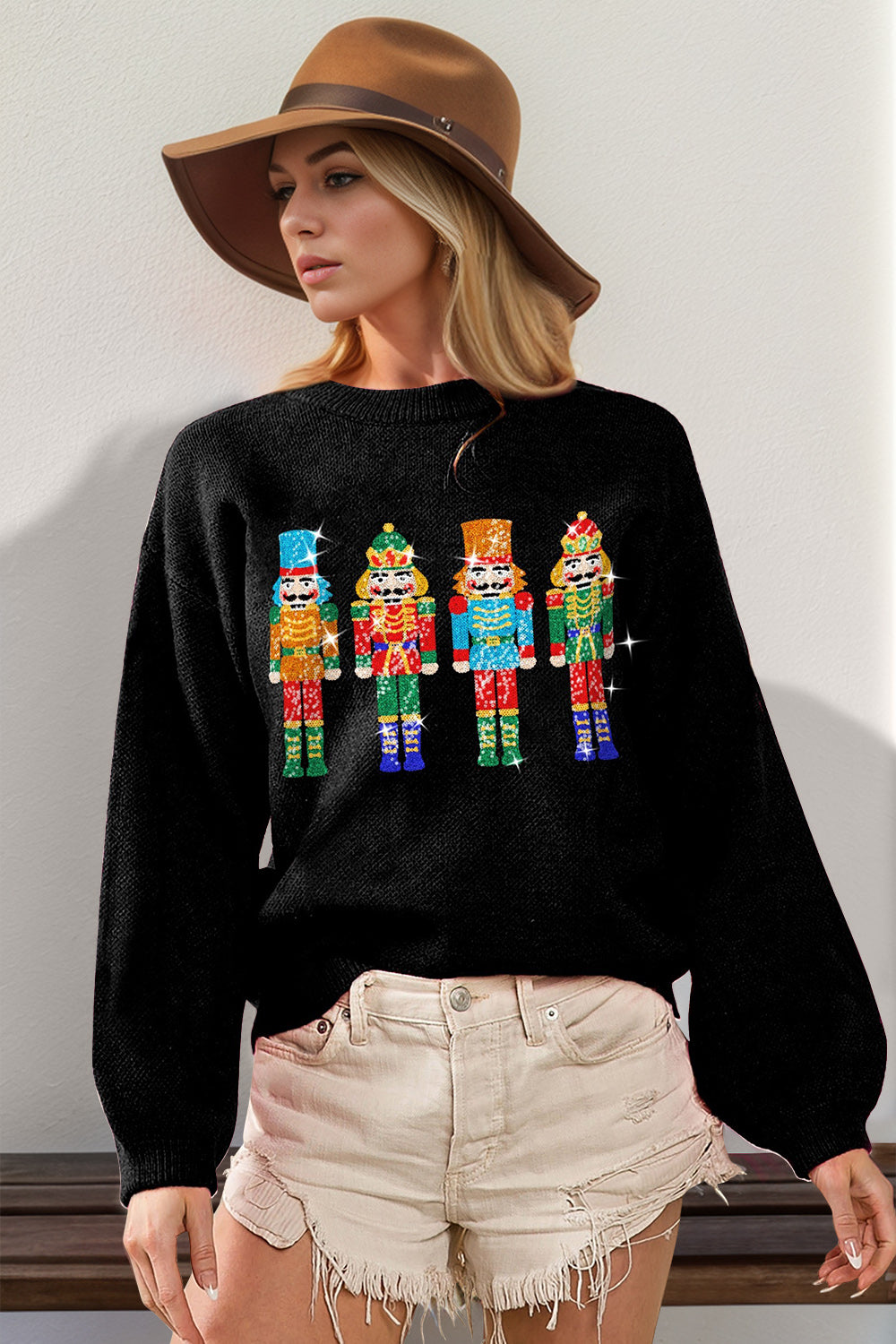 Double Take Full Size Sequin Nutcracker Long Sleeve Sweater - Tigbul's Variety Fashion Shop