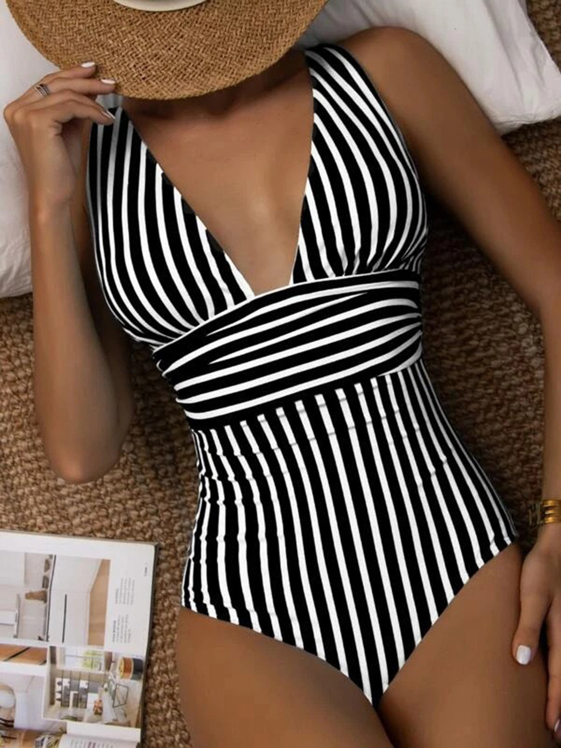 Striped Plunge Sleeveless One-Piece Swimwear - Tigbuls Variety Fashion