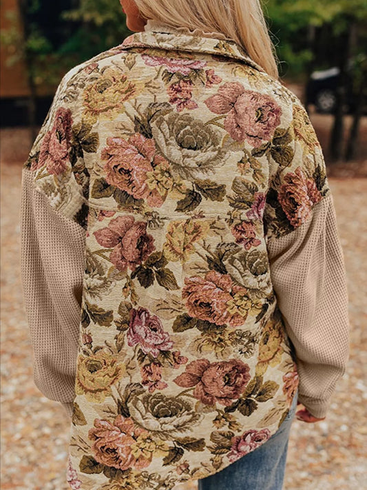 Floral Waffle Knit Patchwork Chest Pockets Buttoned Jacket - Tigbul's Variety Fashion Shop