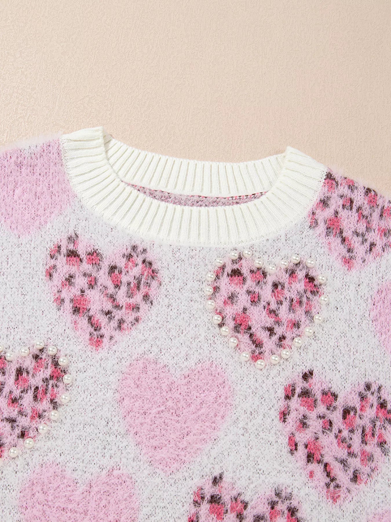 Heart Leopard Pearled Ribbed Trim Fuzzy Sweater - Tigbul's Variety Fashion Shop