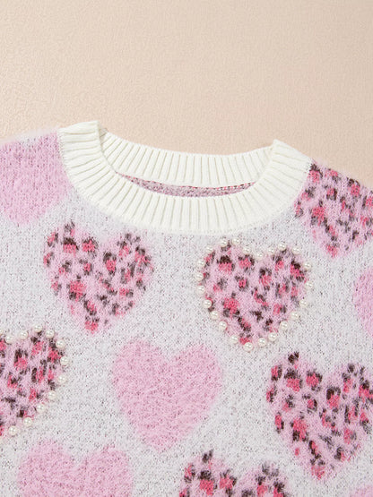 Heart Leopard Pearled Ribbed Trim Fuzzy Sweater - Tigbul's Variety Fashion Shop