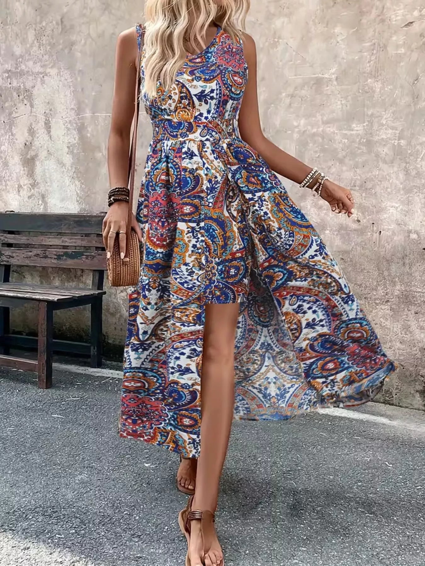 Blue paisley sleeveless long-top romper with gathered waist and side slit
