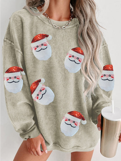 Sequin Santa Patch Ribbed Sweatshirt - Tigbul's Variety Fashion Shop