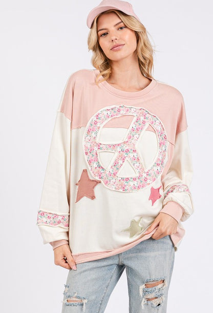 Pink Peace & Star Patch Contrast Round Neck Sweatshirt - Tigbul's Variety Fashion Shop