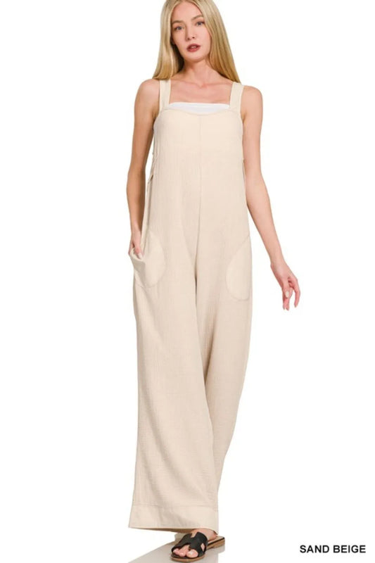 Double Gauze Washed Wide Leg Beige Overalls - Tigbul's Variety Fashion Shop