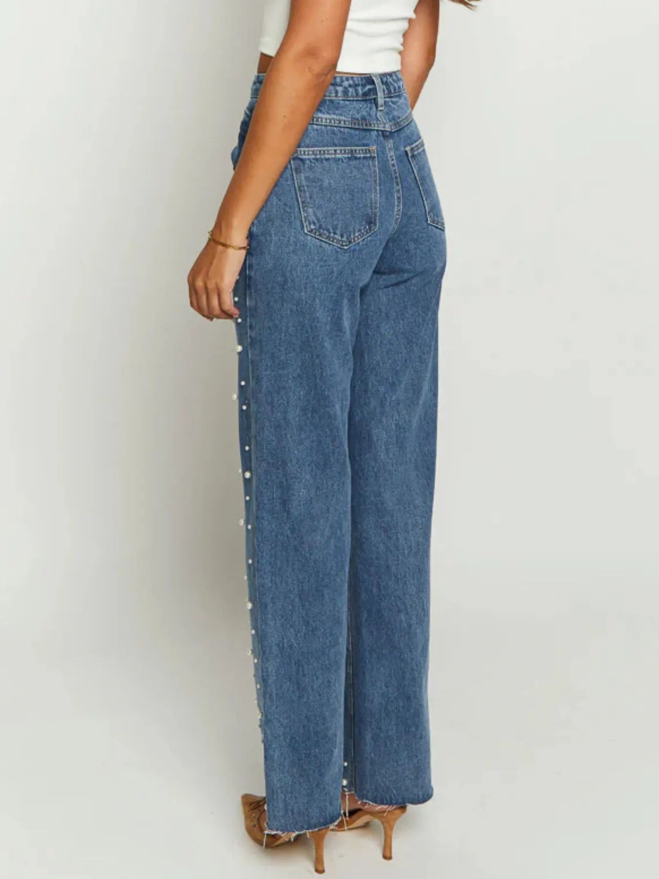 Pearl Embellished High Waist Straight Leg Jeans - Tigbul's Variety Fashion Shop