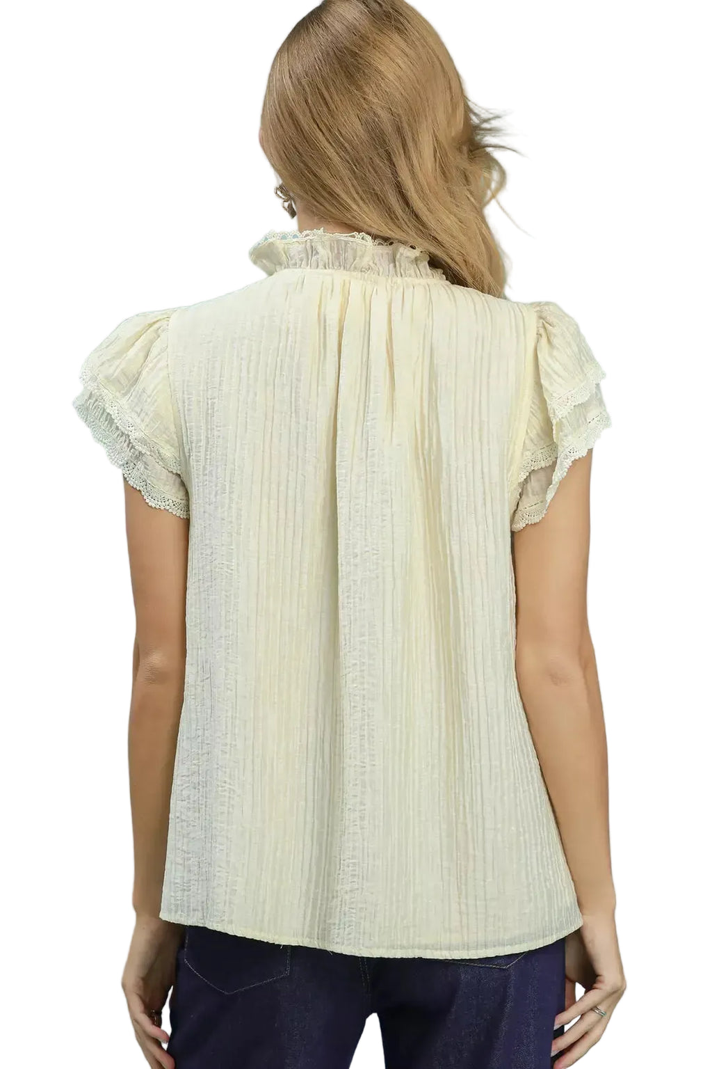 Cream ruffle-sleeve top with lace-trimmed back neckline